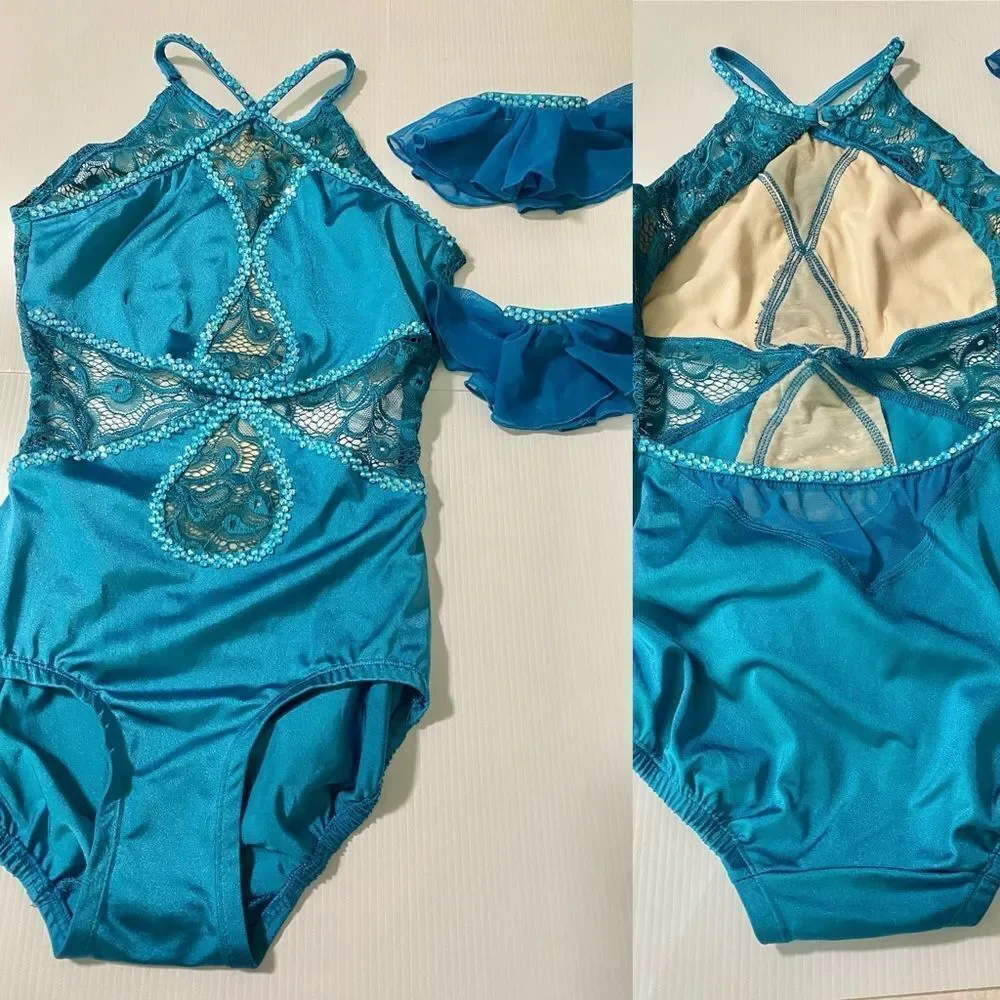 Competition Custom solo contemporary Dance Costume teal illusion SA Small adult